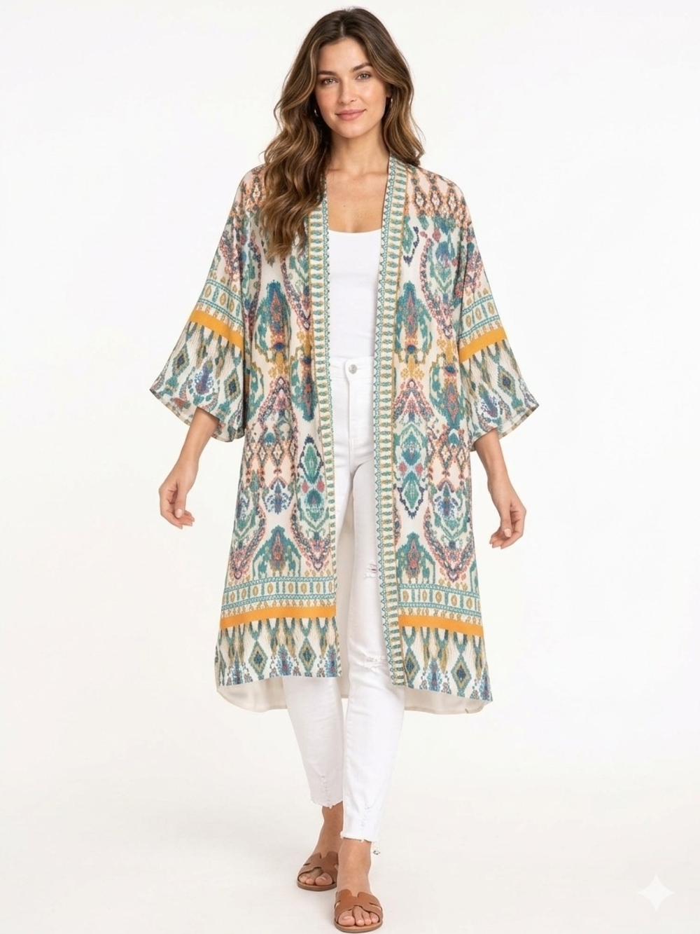 Zara Printed Kimono Swim Cover-Up - Teal, Mustard, Cream